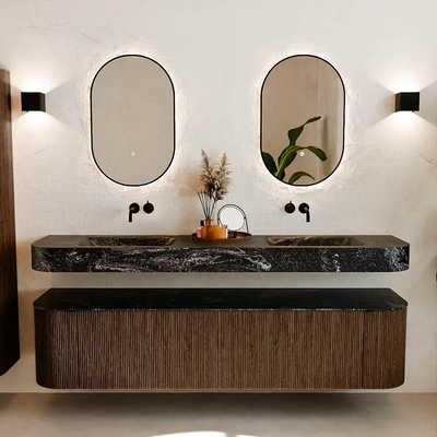 MONDIAZ THOR-DLUX 190cm badmeubel ronding links + rechts kleur Walnut met 2 lades en 2 deuren. Vrijhangende wastafel CLOUD Dubbel zonder kraangat kleur Lava.