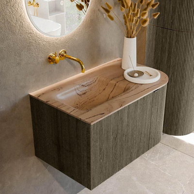 MONDIAZ KURVE-DLUX Meuble de salle de bains 75cm arrondi à droite couleur Shadow avec 1 tiroir et 1 porte. Lavabo GRUNNE à gauche sans trou de robinet Arena.