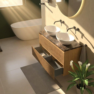 Saniclass Holz Atelier Ensemble de meuble de salle de bains - 120x45x63cm - Plan de travail en pierre naturelle Noche dark emperador - sans trou de robinet - 2 tiroirs - chêne natural mat (bois)