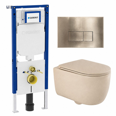 QeramiQ Dely Swirl Toiletset - 36.3x51.7cm - Geberit UP720 Duofix Sigma inbouwreservoir - slim zitting - geborsteld messing bedieningsplaat - rechthoekige knoppen - mat beige