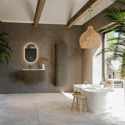 MONDIAZ KURVE-DLUX Meuble de salle de bains 85 cm arrondi à droite couleur Shadow avec 1 tiroir et 1 porte. Lavabo CLOUD à gauche 1 trou de robinet Nata.