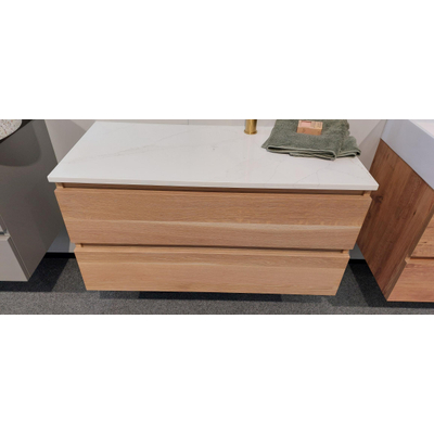 BRAUER Joy wastafelonderkast 100x46x50cm 2 softclose lades massief eiken naturel MET Mirage topblad marmerlook composiet Calacatta Gold SHOWROOMMODEL
