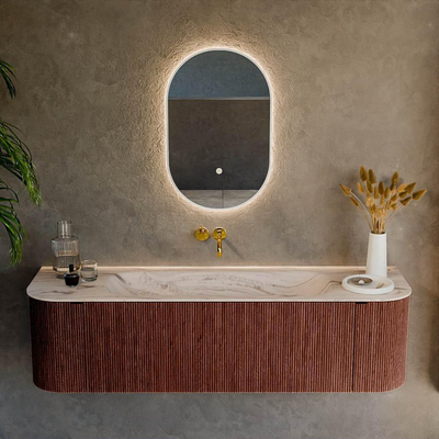 MONDIAZ KURVE-DLUX 160cm badmeubel ronding Links + Rechts kleur Ruby met 1 lade en 2 deuren. Wastafel BIG MEDIUM Midden zonder kraangat Nata.
