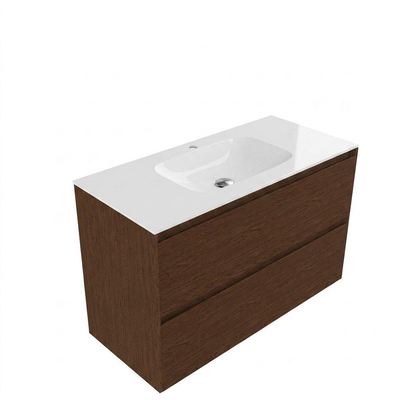 Saniclass Holz Pure Ensemble de meubles de salle de bains - 100x45x61.5cm - Vasque Flow en Solid Surface blanc - 1 vasque - 1 trou de robinetterie - 2 tiroirs - walnut pure mat (bois)