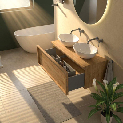 Saniclass Holz Frame Ensemble de meubles de salle de bains - 120x45x42cm - plan de toilette en bois - sans trou de robinetterie - 1 tiroir - chêne naturel mat (bois)