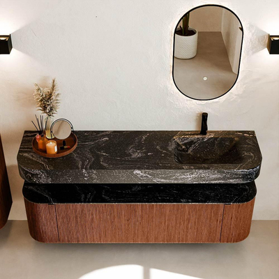 MONDIAZ THOR-DLUX Meuble de salle de bains 170cm arrondi gauche + droite couleur Ruby avec 1 tiroir et 2 portes. Vasque suspendue CLOUD Droite 1 trou de robinet couleur Lava.