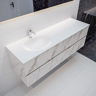 Mondiaz VICA ensemble de meuble de salle de bain - 150cm - meuble sous lavabo carrara - 4 tiroirs - lavabo moon gauche - 1 trou de robinet - version XL 60cm de haut