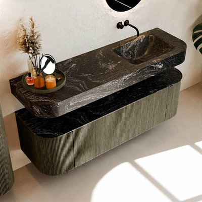 MONDIAZ THOR-DLUX 150cm meuble de salle de bains arrondi gauche + droite couleur Shadow avec 1 tiroir et 2 portes. Vasque suspendue CLOUD droite sans trou de robinet couleur Lava.