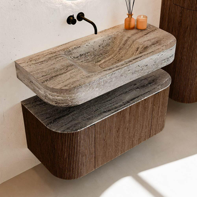 MONDIAZ THOR-DLUX 100cm badmeubel ronding links + rechts kleur Walnut met 1 lade en 2 deuren. Vrijhangende wastafel CLOUD Midden zonder kraangat kleur Oza.