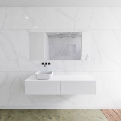 Mondiaz Lagom Meuble salle de bains 150x30.9x45cm Solid Surface Talc 2 tiroirs avec lavabo BINX vasque à poser Gauche sans trous de robinet