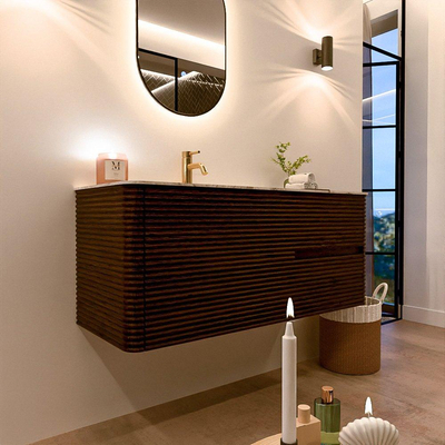 Mondiaz CIRO-DLUX Meuble de salle de bains - 120x45x50cm - Vasque solid surface Glace - 1 bassin à gauche - 1 trou de robinet - 2 tiroirs - Noyer