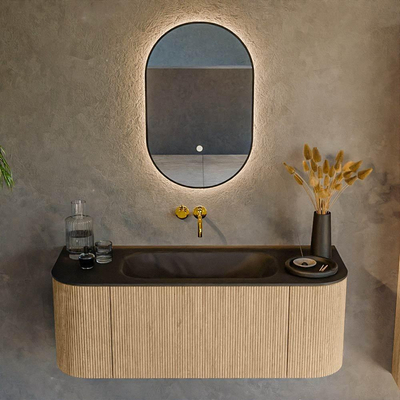 MONDIAZ KURVE 120cm Meuble salle de bain avec module 25 G et D - couleur Oak - 1 tiroir - 2 portes - vasque BIG SMALL centre - sans trous de robinet - Urban