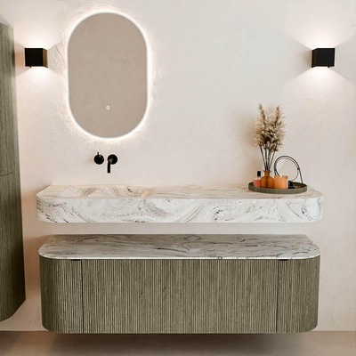 MONDIAZ THOR-DLUX 150cm meuble de salle de bains arrondi gauche + droite couleur Shadow avec 1 tiroir et 2 portes. Vasque suspendue CLOUD Gauche sans trou de robinet couleur Glace.