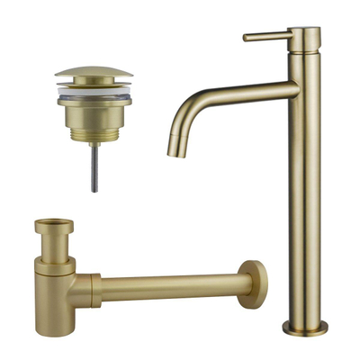 Fortifura Calvi Slim Wastafelkraanset - verhoogde wastafelkraan - klikwaste plug - verlaagde design - sifon - PVD - geborsteld messing (goud)