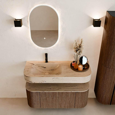 MONDIAZ THOR-DLUX 110cm badmeubel ronding links + rechts kleur Walnut met 1 lade en 2 deuren. Vrijhangende wastafel CLOUD Links 1 kraangat kleur Arena.