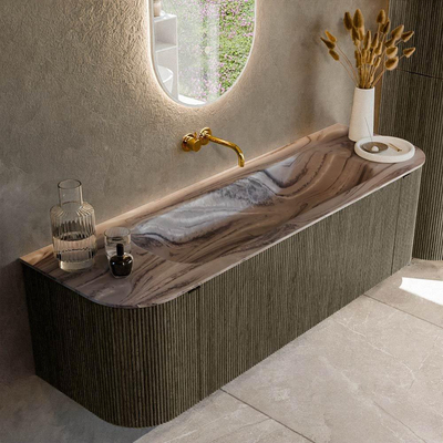 MONDIAZ KURVE-DLUX Meuble de salle de bains 150cm arrondi Gauche + Droite couleur Shadow avec 1 tiroir et 2 portes. Vasque BIG MEDIUM Centrale sans trou de robinet Sombra.