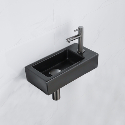 FugaFlow Efficiente Pietra Ensemble de fontaine - 37,5x18,5x9cm - céramique - trou de robinet à droite - robinet de fontaine gunmetal - bouchon de vidange - siphon abaissé - Noir mat