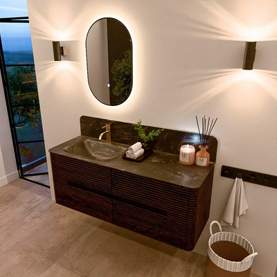 Mondiaz CIRO-DLUX Badkamermeubelset - 130x45x50cm - Solid surface wastafel Lava - 1 wasbak Links - 1 kraangat - 4 lades - Walnut