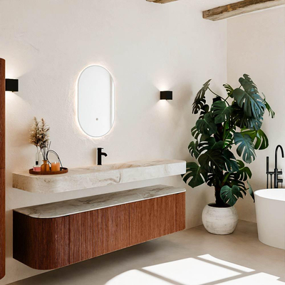 MONDIAZ THOR-DLUX 180cm meuble de salle de bains arrondi gauche + droite couleur Ruby avec 2 tiroirs et 2 portes. Vasque suspendue CLOUD Milieu 1 trou de robinet couleur Frappe.