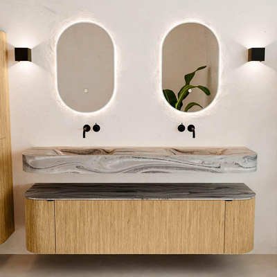 MONDIAZ THOR-DLUX 170cm badmeubel ronding links + rechts kleur Oak met 1 lade en 2 deuren. Vrijhangende wastafel CLOUD Dubbel zonder kraangat kleur Sombra.