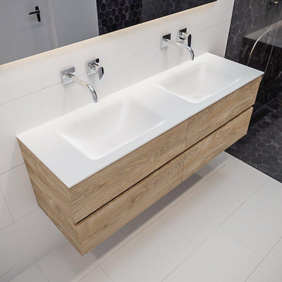 MONDIAZ VICA Ensemble de meuble salle de bain - 150cm - 4 tiroirs - lavabo Cloud double - 0 trous de robinet - solid surface chêne blanchi