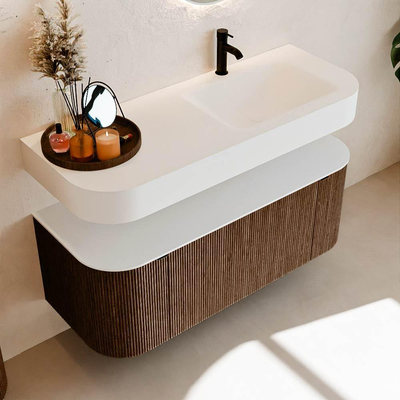 MONDIAZ THOR 120cm meuble de salle de bains arrondi gauche + droite couleur Walnut avec 1 tiroir et 2 portes. Vasque suspendue CLOUD droite 1 trou de robinet couleur Talc.