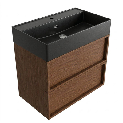 Ensemble meuble de salle de bains Saniclass Holz Frame - 80x45x72cm - lavabo Legend en céramique noir mat - 1 vasque - 1 trou de robinetterie - 2 tiroirs - noyer pure mat (bois)