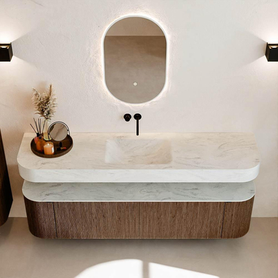 MONDIAZ THOR-DLUX Meuble de salle de bains - 180cm - arrondi gauche + droite - couleur Walnut - 2 tiroirs et 2 portes - Vasque suspendue CLOUD Milieu sans trou de robinet - couleur Opalo