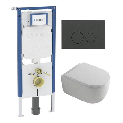 QeramiQ Dely Swirl Pack WC - 36,3x51,7cm - réservoir encastré Geberit UP720 Duofix Sigma - assise 35mm - plaque de déclenchement mat anthracite - boutons ronds - blanc mat