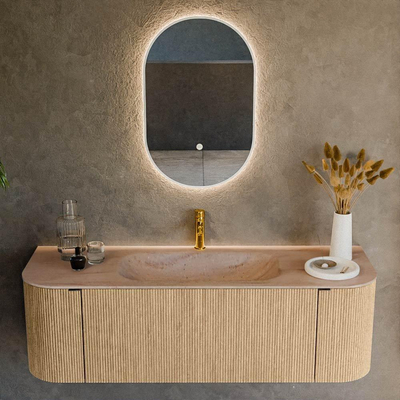 MONDIAZ KURVE-DLUX 140cm badmeubel ronding Links + Rechts kleur Oak met 1 lade en 2 deuren. Wastafel BIG SMALL Midden 1 kraangat Saba.