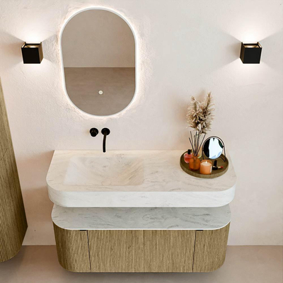 MONDIAZ THOR-DLUX 120cm meuble de salle de bains arrondi gauche + droite couleur Dusk avec 1 tiroir et 2 portes. Vasque suspendue CLOUD Gauche sans trou de robinet couleur Opalo.