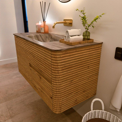 Mondiaz CIRO-DLUX Badkamermeubelset - 100x45x50cm - Solid surface wastafel Sombra - 1 wasbak Midden - zonder kraangaten - 2 lades - Oak