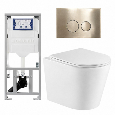 QeramiQ Dely Pack WC - 36.3x51.7cm - à fond creux - sans bride - réservoir encastré Geberit UP320 - abattant WC à fermeture douce - plaque de déclenchement en laiton brossé - boutons ronds - blanc brillant