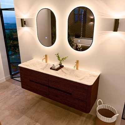 Mondiaz CIRO-DLUX Meuble de salle de bains - 150x45x50cm - Plan vasque solid surface Frappe - 2 lavabos doubles - 2 trous de robinetterie - 4 tiroirs - Ruby