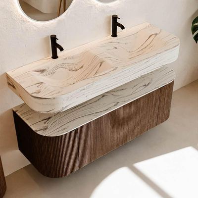 MONDIAZ THOR-DLUX 130cm meuble de salle de bains arrondi gauche + droite couleur Walnut avec 1 tiroir et 2 portes. Vasque suspendue CLOUD Double 2 trous de robinet couleur Nata.