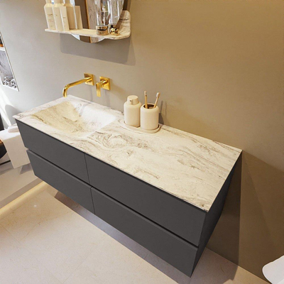 Mondiaz VICA-DLUX ensemble de meuble de salle de bain - 130cm - meuble sous-vasque gris foncé - 4 tiroirs - lavabo encastré cloud gauche - sans trous de robinet - version haute de 60cm - glace