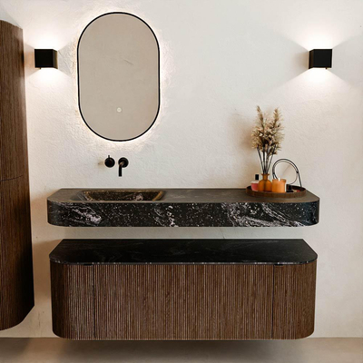 MONDIAZ THOR-DLUX 140cm badmeubel ronding links + rechts kleur Walnut met 1 lade en 2 deuren. Vrijhangende wastafel CLOUD Links zonder kraangat kleur Lava.