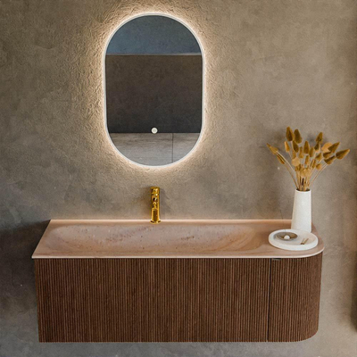 MONDIAZ KURVE-DLUX 125cm badmeubel ronding Rechts kleur Walnut met 1 lade en 1 deur. Wastafel BIG MEDIUM Links 1 kraangat Saba.