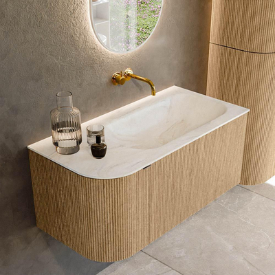MONDIAZ KURVE-DLUX 95cm badmeubel met module 25 L kleur Oak met 1 lade en 1 deur. Wastafel BIG SMALL rechts zonder kraangat kleur Ostra.