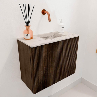 Mondiaz JOYA-DLUX Meuble de toilette 50cm - couleur Walnut - Vasque FAYE position Droite Sans trou de robinet couleur Nata.