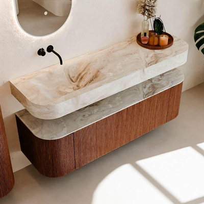 MONDIAZ THOR-DLUX 150cm meuble de salle de bains arrondi gauche + droite couleur Ruby avec 1 tiroir et 2 portes. Vasque suspendue CLOUD Gauche sans trou de robinet couleur Frappe.