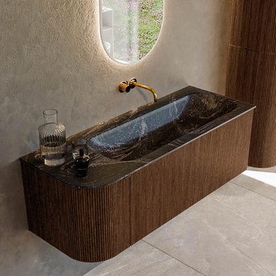 MONDIAZ KURVE-DLUX meuble de salle de bains 125 cm avec module 25 L couleur Walnut avec 1 tiroir et 1 porte. Lavabo BIG MEDIUM à droite sans trou de robinet couleur Lava.