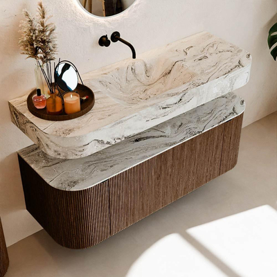 MONDIAZ THOR-DLUX 130cm meuble de salle de bains arrondi gauche + droite couleur Walnut avec 1 tiroir et 2 portes. Vasque suspendue CLOUD Milieu sans trou de robinet couleur Glace.