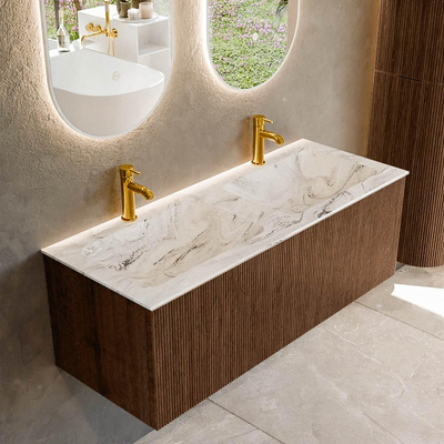 MONDIAZ KURVE-DLUX 120cm Meuble salle de bain - couleur Walnut - 1 tiroir - vasque LEAF double - 2 trous de robinet - couleur Glace