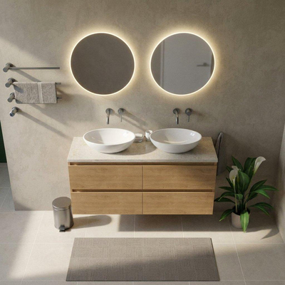Saniclass Holz Pure Ensemble meuble de salle de bains - 140x45x63cm - Plan de travail en pierre naturelle travertin - sans trou de robinetterie - 4 tiroirs - chêne naturel mat (bois)