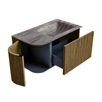 MONDIAZ KURVE-DLUX Meuble de salle de bains 85cm arrondi Gauche couleur Dusk avec 1 tiroir et 1 porte. Lavabo CLOUD Droite 1 trou de robinet Oza.