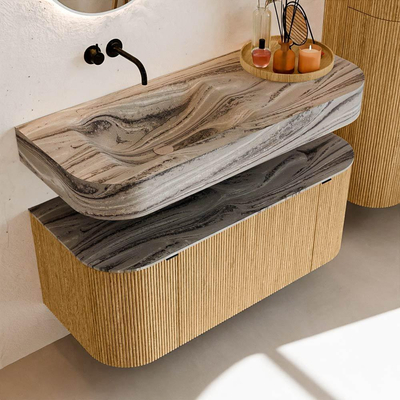 MONDIAZ THOR-DLUX 110cm badmeubel ronding links + rechts kleur Oak met 1 lade en 2 deuren. Vrijhangende wastafel CLOUD Links zonder kraangat kleur Sombra.
