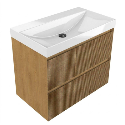 Saniclass Holz Atelier Ensemble meuble de salle de bains - 80x45x67.5cm - lavabo en céramique Wave - 1 vasque - sans trou de robinetterie - 2 tiroirs - chêne natural mat (bois)