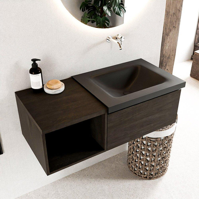MONDIAZ BUKLA 100cm badmeubel met open module 40 kleur Dark Brown met 1 lade. Wastafel CLOUD rechts 0 kraangaten kleur Urban.