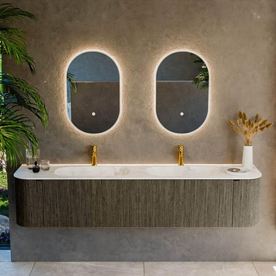 Mondiaz KURVE-DLUX Badkamermeubelset - 200x46x40cm - 2 lade - 2 deuren - wastafel solid surface - dubbel - 2 kraangaten - Shadow